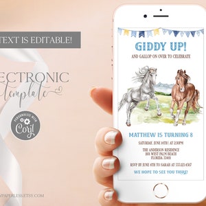 Horse Birthday Party Invitation for Boy by Text, Horse Electronic Invitation Template Editable Digital Download, Cowboy Birthday Evite Corjl