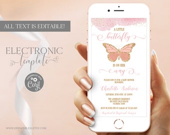 Butterfly Baby Shower Electronic Invitation Template Editable Digital Download, Pink and Gold Butterfly Baby Shower Evite, Text Invite Corjl