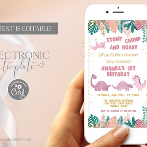 Girl Dinosaur Birthday Invitation Evite, Pink Gold Dinosaur Electronic Birthday Invitation Template Editable Digital Download, Text Message