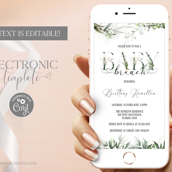 Baby Brunch Invitation by Text, Greenery Baby Brunch Evite, Electronic Baby Shower Brunch Invite Template Editable Digital Download, Corjl