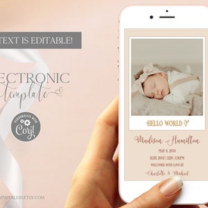 Digital Birth Announcement Photo Template by Text, Boho Newborn Announcement eCard with Picture, Minimalist Electronic New Born Announcement