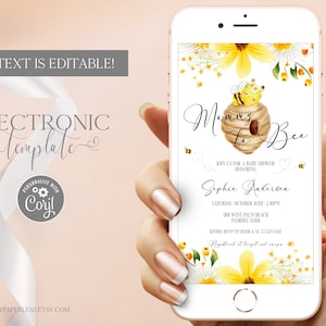 Biene Babyparty elektronische Einladung Vorlage bearbeitbar digitaler Download, Bumble Bee Baby Shower Evite, Moomy to Bee Text Einladung, Corjl