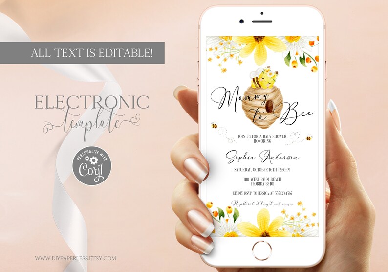 Bee Baby Shower Electronic Invitation Template Editable Digital Download Bumble Bee Baby Shower Evite Moomy to Bee Text