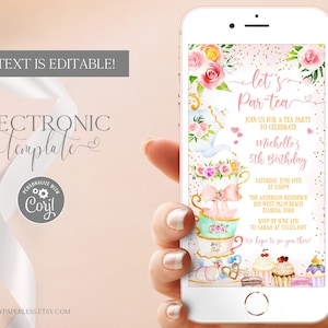 Tea Party Birthday Invitation by Text, Let's Par-Tea Birthday Evite, Electronic Tea Birthday Invitation Template Editable Digital Download image 1