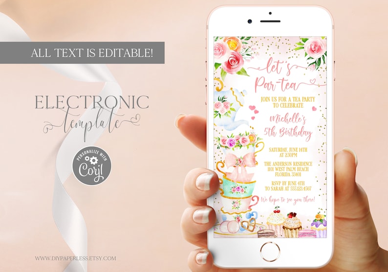 Tea Party Birthday Invitation by Text, Let's Par-Tea Birthday Evite, Electronic Tea Birthday Invitation Template Editable Digital Download image 1