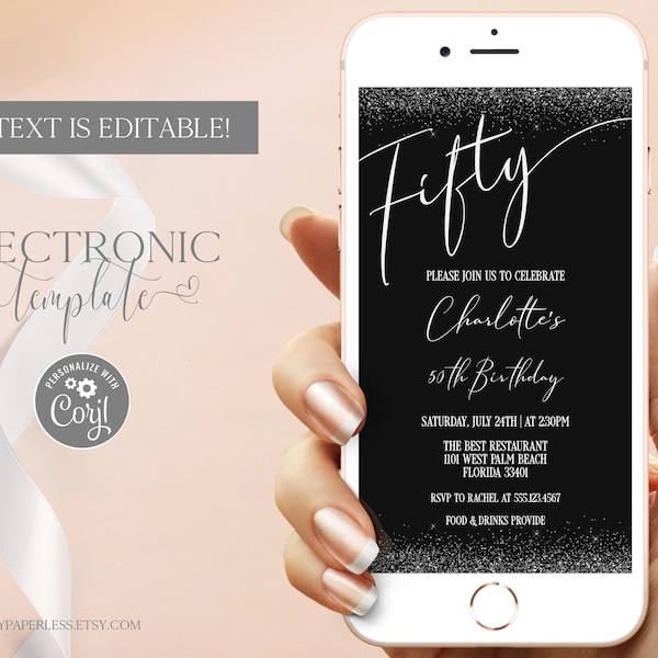 50th Birthday Electronic Invitation Template Editable Digital Download, White Glitter Fifty Birthday Party Evite, Text Message Invite Corjl