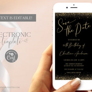 Elektronische Save the Date Geburtstagsparty bearbeitbare Vorlage digitaler Download, Glitter Gold Save the Date Evite, papierlose Einladung, Corjl