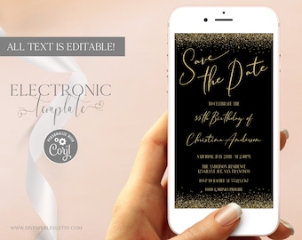 Elektronische Save the Date Geburtstagsparty bearbeitbare Vorlage digitaler Download, Glitter Gold Save the Date Evite, papierlose Einladung, Corjl