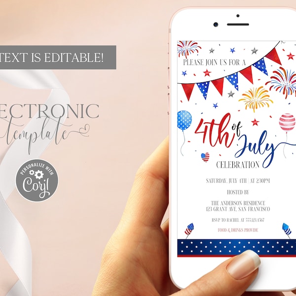 4th of July Evite Invitation Template Editable Digital Download, Fourth of July Party Electronic Invite, Patriotic Paperless Text Invitation