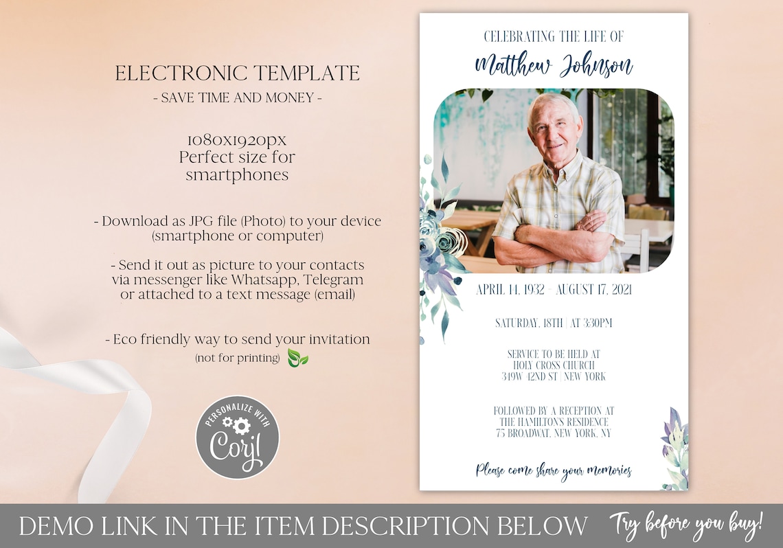 Electronic Celebration of Life Invitation Template Editable Etsy