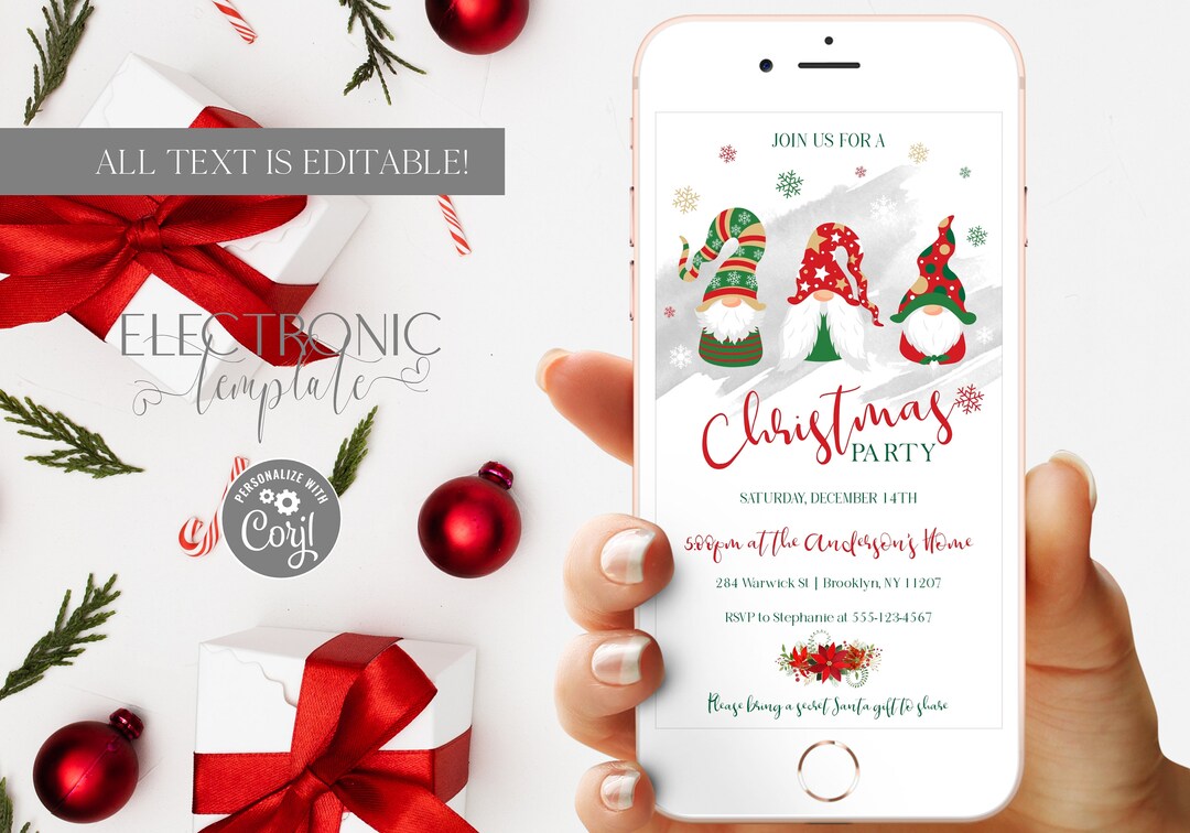 Gnome Christmas Party Electronic Invitation Template Editable Etsy
