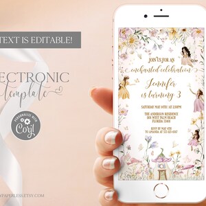 Betoverde bos uitnodiging per tekst, Fairy verjaardag Evite, magische Wildflower tuin elektronische uitnodiging sjabloon bewerkbare digitale download