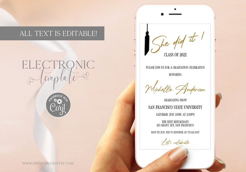 Electronic Graduation Invitation Template Editable Digital Download, Grad Announcement Party Evite, Class of 2024 Text Message Invite, Corjl image 1