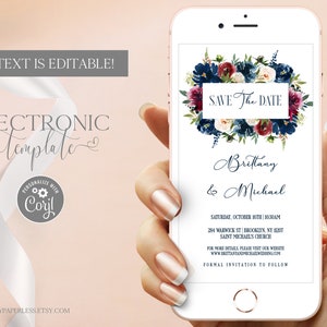 Digital Save the Date Navy and Burgundy by Text, Floral Save the Date Evite, Electronic Wedding Save the Date Template Editable Download