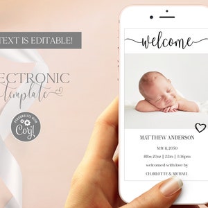 Modello di annuncio di nascita elettronico con download digitale di foto, cartolina minimalista per annuncio di nascita di un neonato modificabile, senza carta Corjl