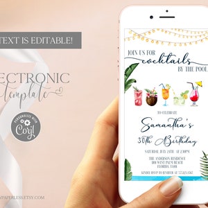 Cocktails Pool Party Electronic Invitation Template Editable Digital Download, Summer Pool Birthday Evite Adult, Drinks Text Invite, Corjl