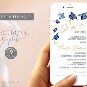 Graduation Evite for Girl, She did it Graduation Invitation by Text, Electronic Grad Party Invitation Template, Editable Digital Download