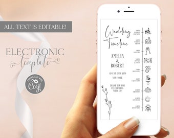 Wedding Timeline Electronic Template Editable Digital Download, Minimalist Wedding Itinerary eCard, Schedule Wedding Day Details for Phone