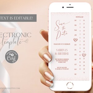 Modelo de convite eletrônico Save the Date Sweet 16 Download digital editável, Quinceanera Save the Date Calendário Festa de aniversário Evite