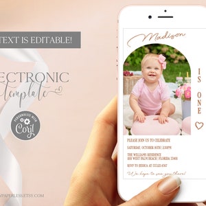 1st Birthday Evite Invitation Girl With Arched Photo, First Birthday Electronic Photo Invitation Template Editable Digital Download, Corjl