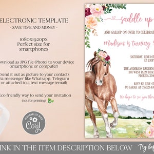 Horse Birthday Electronic Invitation Template Editable Digital Download, Saddle Up Birthday Evite Girl, Cowgirl Party Text Invitation Corjl image 2