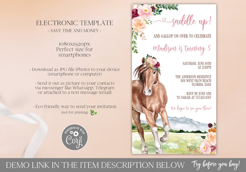 Horse Birthday Electronic Invitation Template Editable Digital Download, Saddle Up Birthday Evite Girl, Cowgirl Party Text Invitation Corjl image 2