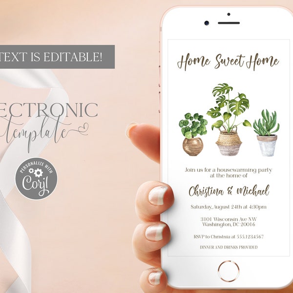 Housewarming Party Electronic Invitation Template Editable Digital Download, Greenery Potted Plants New Home Evite, Paperless Invite Corjl