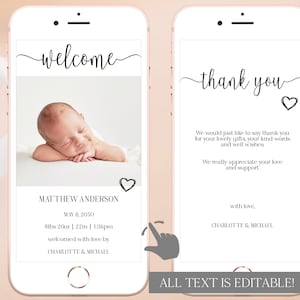 Digital Birth Announcement Electronic Photo Template Editable Download, Simple Newborn Announcement for Phone, Text Paperless e Card Corjl