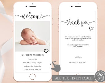 Digital Birth Announcement Electronic Photo Template Editable Download, Simple Newborn Announcement for Phone, Text Paperless e Card Corjl