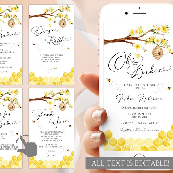 Bee Baby Shower Electronic Invitation Set, Oh Babee Baby Shower Evite Editable Digital Download, Honey Bee Books for Baby and Diaper Raffle