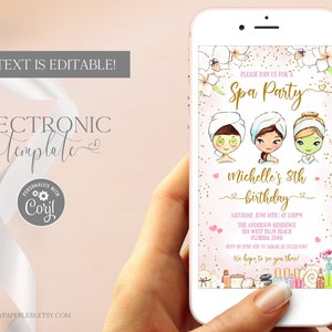 Spa Party Invitation by Text, Spa Birthday Evite, Glamour Tween Party Electronic Invitation Template Editable Digital Download, Girls Invite