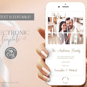 Modèle de photo numérique d'annonce de déménagement pour téléphone, téléchargement modifiable d'annonce de nouvelle adresse électronique, nous avons déplacé le texte sans papier, Corjl