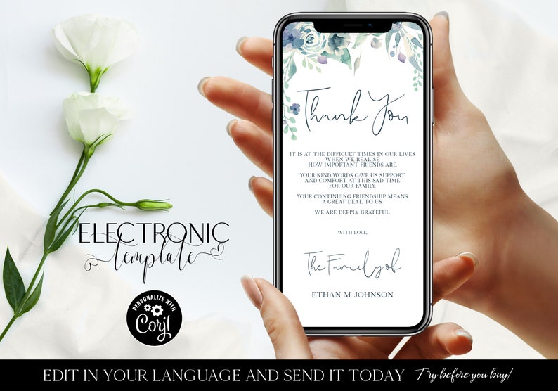 Electronic Funeral Thank You Card Blue Floral Sympathy eCard Etsy
