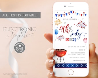4th of July BBQ Evite Invitation Template Editable Digital Download, Fourth of July Barbecue Party Electronic Invitation, BBQ July Invite