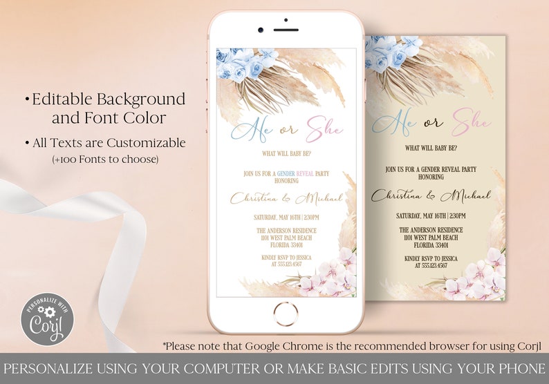 Boho Gender Reveal Electronic Invitation Template Editable Etsy