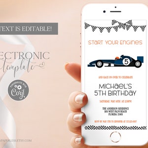 Raceauto elektronische verjaardagsuitnodiging sjabloon bewerkbare digitale download, racekaart verjaardagsfeestje Evite, Formule 1 auto tekstuitnodiging