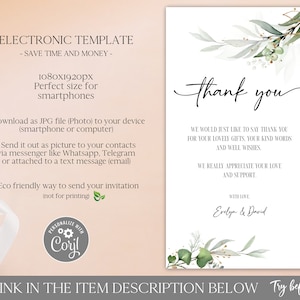 Greenery Electronic Thank You Card Template Editable Digital Download, Baby Thank You Note eCard for Phone, Text Message Paperless Corjl image 2