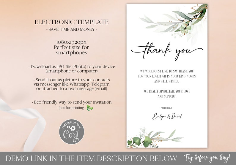 Greenery Electronic Thank You Card Template Editable Digital Download, Baby Thank You Note eCard for Phone, Text Message Paperless Corjl image 2