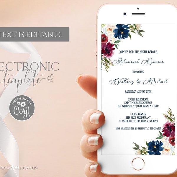 Rehearsal Dinner Invitation by Text, Navy Burgundy Dinner Evite, Wedding Dinner Electronic Invitation Template Editable Digital Download