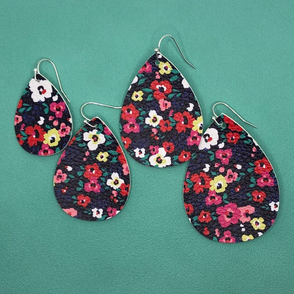 Classic Teardrop Faux Leather Earrings Navy with Floral Dreams