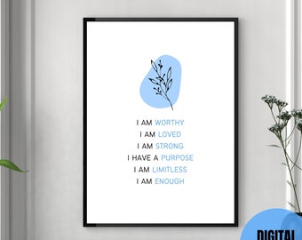 I Am Enough Self-Love Positive Affirmation Printable Wall Art | Botanical Printable Mindfulness Gift for Positive Energy and Self-Care