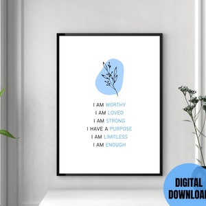 I Am Enough Self-Love Positive Affirmation Printable Wall Art | Botanical Printable Mindfulness Gift for Positive Energy and Self-Care