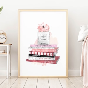 Fashion Book Stack Printable Wall Art, Perfume Bottle Print, Fashion Poster, Boss Babe Office Wall Decor, Stacked Books Decor, Vanity Decor