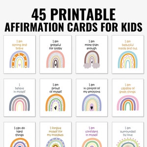 45 Printable Positive Affirmation Cards for Kids, Motivational Cards for Children, Kids Positivity Cards, Encouragement Cards for Kids