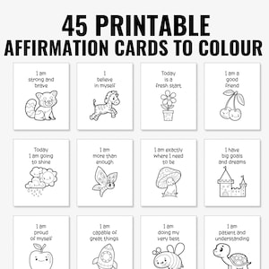 45 Printable Positive Affirmation Cards to Color for Kids, Motivational Coloring Cards for Children, Kids Positivity and Encouragement Cards