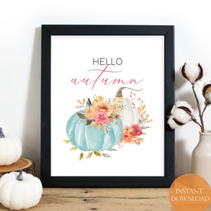 Arte de pared imprimible de otoño, Estampado de acuarela de calabaza, Hola arte de pared de otoño, Decoración de mesa de otoño, Decoración de calabaza, Acuarela de otoño, Decoración de pared de otoño