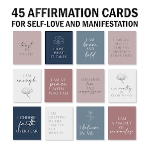 45 Baraja de cartas de afirmación positiva, Imprimibles de tablero de visión, Tarjetas para la ley de atracción, Kit de manifestación, Imprimibles de cuidado personal, DIGITAL