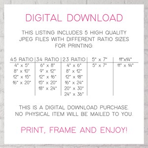 May include: A digital download listing for high-quality JPEG files of printable images in five different aspect ratios: 4:5, 3:4, 2:3, 5" x 7", and 11" x 14". The listing includes a table showing the different sizes available for each ratio.