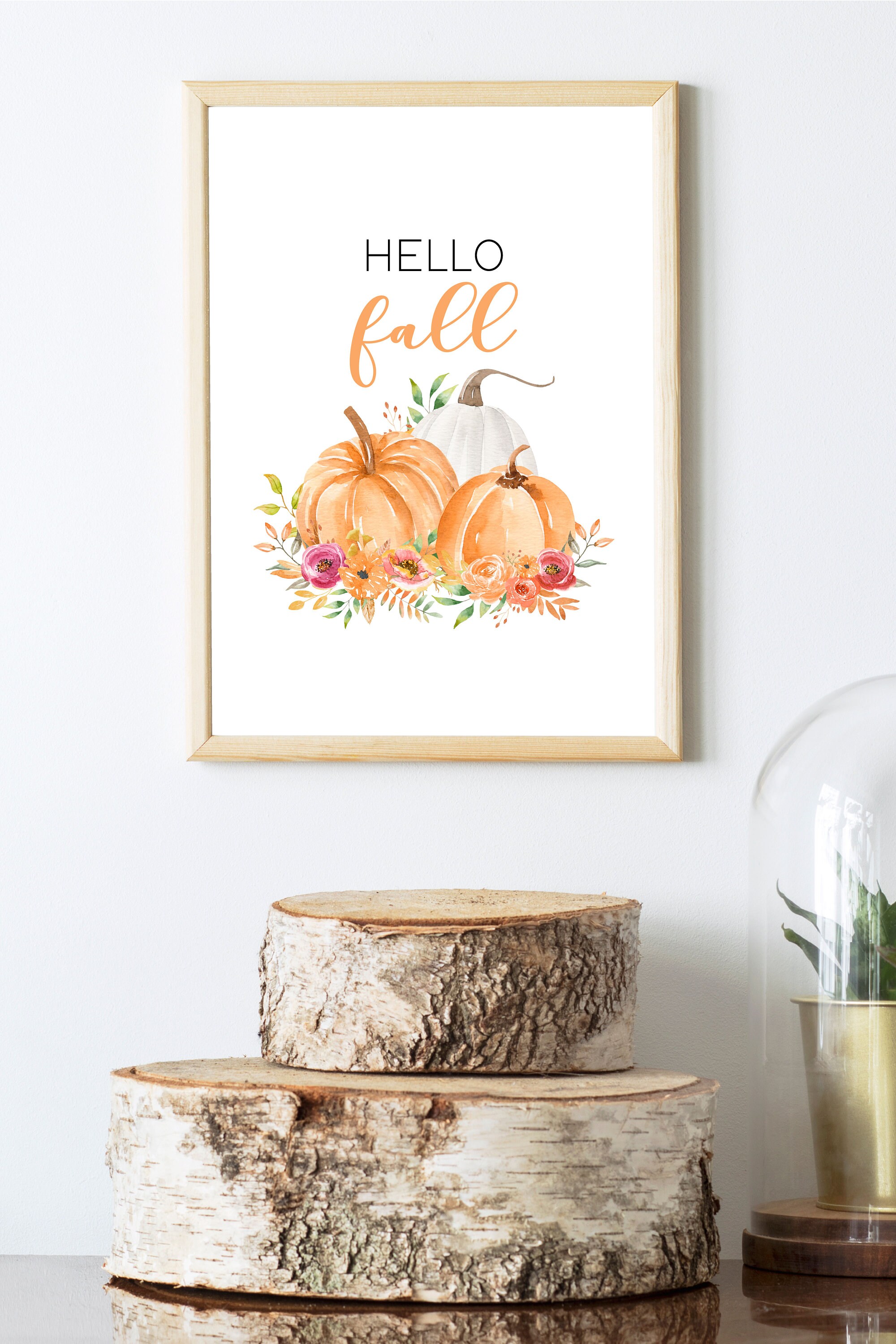 Fall Printable Wall Art, Hello Fall Wall Art, Pumpkin Watercolor Print ...