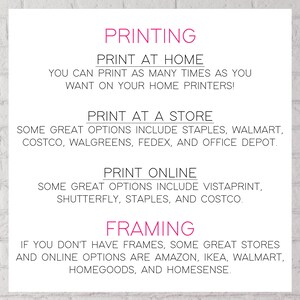 May include: A pink and white graphic with the text "PRINTING" in large pink letters. The graphic lists options for printing at home, at a store, and online. It also lists options for framing.